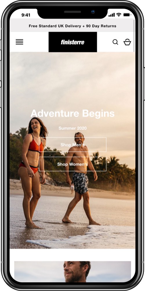Finisterre mobile screen 1 - LinedUp - Shopify e-commerce